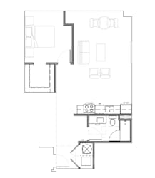 One bedroom floor plan with spacious living area at Textile Lofts Apartments, Cincinnati, OH