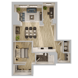 Top down view of one bedroom apartment layout at Textile Lofts Apartments, Cincinnati, 45202