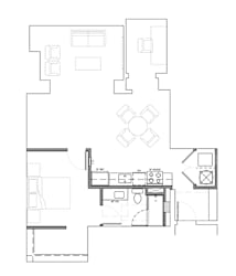 Two bedroom apartment floor plan with dining area at Textile Lofts Apartments, Cincinnati, Ohio