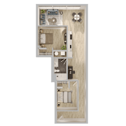 3D floor plan of two bedroom apartment layout at Textile Lofts Apartments, Cincinnati