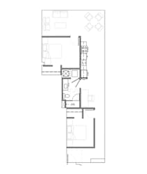 Two bedroom floor plan with central bathroom at Textile Lofts Apartments, Ohio
