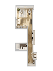 3D floor plan of studio with hallway entrance at Textile Lofts Apartments, Cincinnati, OH