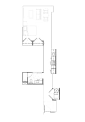 One bedroom apartment floor plan with galley kitchen at Textile Lofts Apartments, Cincinnati, 45202