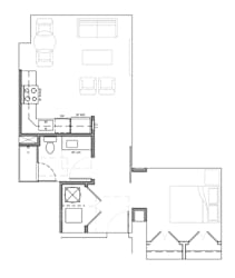 One bedroom floor plan with bathroom and kitchen at Textile Lofts Apartments, Cincinnati, Ohio