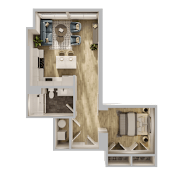 Overhead view of one bedroom apartment layout at Textile Lofts Apartments, Cincinnati