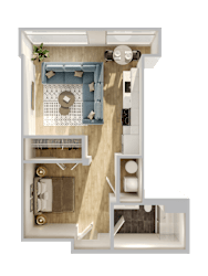Studio apartment 3D floor plan with bedroom nook at Textile Lofts Apartments, Ohio