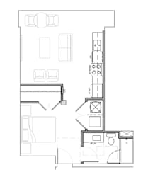 Studio floor plan with kitchen and living space at Textile Lofts Apartments, Ohio, 45202