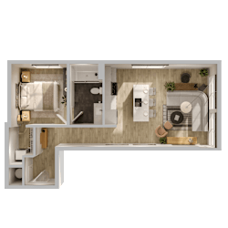 One bedroom apartment 3D floor plan with bathroom at Textile Lofts Apartments, Cincinnati, OH 45202