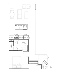 One bedroom floor plan with patio access at Textile Lofts Apartments, Cincinnati, OH