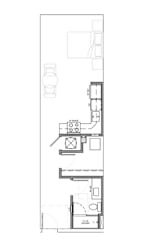 Studio floor plan with kitchen and dining area at Textile Lofts Apartments, Cincinnati, Ohio