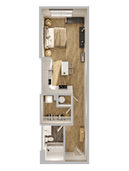 Studio 3D floor plan with balcony and kitchenette at Textile Lofts Apartments, Ohio