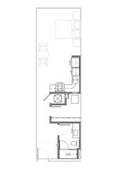 Studio floor plan with central dining table and compact kitchen at Textile Lofts Apartments, Cincinnati, OH 45202