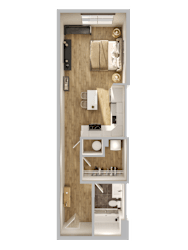 Studio 3D floor plan with full kitchen and bath at Textile Lofts Apartments, Cincinnati, OH
