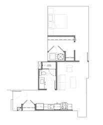 One bedroom floor plan with shower and dining space at Textile Lofts Apartments, Cincinnati, 45202