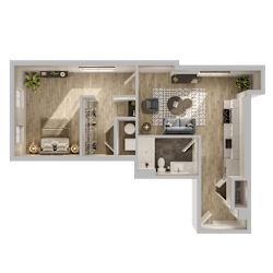 Two bedroom apartment 3D floor plan at Textile Lofts Apartments, Cincinnati, Ohio
