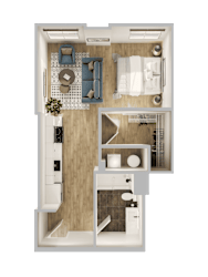 Open concept studio floor plan with separate sleeping area at Textile Lofts Apartments, Cincinnati