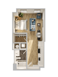 Studio floor plan with separate bedroom and living zones at Textile Lofts Apartments, Ohio, 45202
