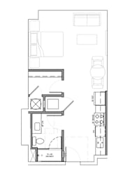 Compact studio floor plan with full bathroom at Textile Lofts Apartments, Cincinnati, OH 45202