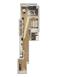 One bedroom 3D floor plan with living room at Textile Lofts Apartments, Cincinnati, OH