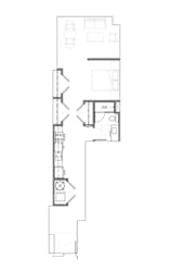 Long narrow one bedroom floor plan with angled entry at Textile Lofts Apartments, Cincinnati, 45202