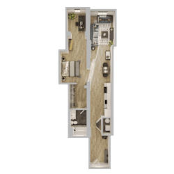 Two bedroom 3D floor plan with open living space at Textile Lofts Apartments, Cincinnati, Ohio