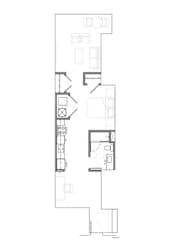 One bedroom floor plan with galley kitchen and balcony at Textile Lofts Apartments, Ohio, 45202