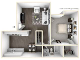 A 3D rendered image of a small apartment layout.