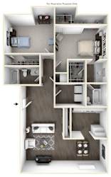 A 3D floor plan of a small apartment with a kitchen, living room, and bathroom.
