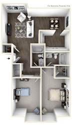 A 3D floor plan of a small apartment with a kitchen, living room, and bedroom.