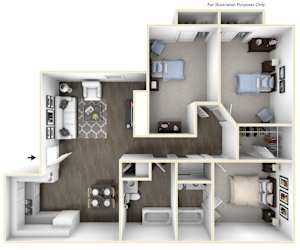 A 3D illustration of a house layout with a kitchen, living room, and bathroom.