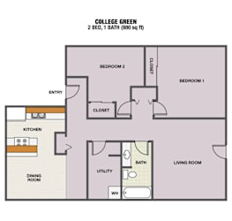 A floor plan of a 2 bedroom, 1 bathroom apartment.