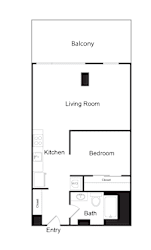 A floor plan of a small apartment with a living room, kitchen, bedroom and bathroom.