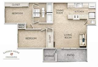 A floor plan of a house with a living room, dining room, kitchen, two bedrooms, a bathroom, a pantry, a storage area, and a patio.