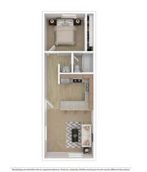 A diagram of a small apartment with a bedroom and a kitchen.