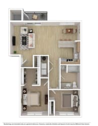 A floor plan of a small apartment with a kitchen, living room, and two bedrooms.