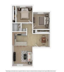 A floor plan of a small apartment with a kitchen, living room, and two bedrooms.