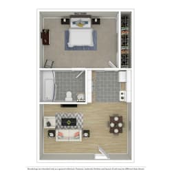 A 3D rendered image of a small apartment layout.