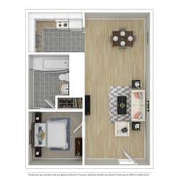 A top down view of a small apartment with a kitchen, bathroom and living room.