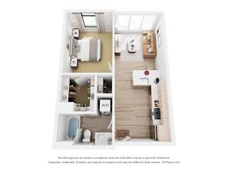 A 3D floor plan of a small apartment with a kitchen, living room, and bathroom.