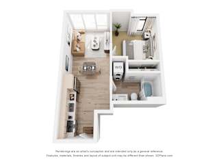 A 3D floor plan of a small apartment with a kitchen, living room, and bathroom.
