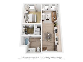 A floor plan of a small apartment with a kitchen, living room, and bathroom.