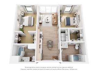 A 3D floor plan of a house with a kitchen, living room, and two bedrooms.