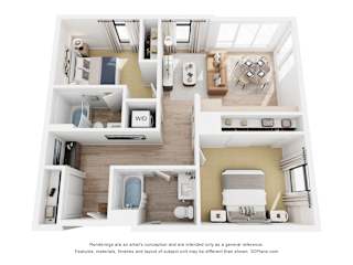 A 3D floor plan of a house with a kitchen, living room, and bathrooms.