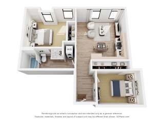 A floor plan of a two-bedroom apartment with a kitchen, living room, and bathroom.