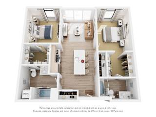 A 3D floor plan of a house with a kitchen, living room, and two bedrooms.