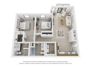 A 3D floor plan of a house with a kitchen, living room, and two bedrooms.