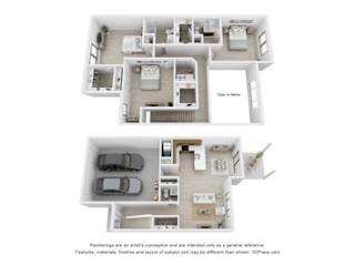 A floor plan of a two-story home with a garage and a living room with a couch and a coffee table.