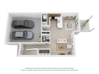 A 3D floor plan of a house with two cars parked in the garage.