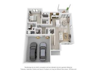 A 3D floor plan of a house with two cars parked in the garage.