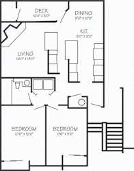 A black and white floor plan of a house with a deck, two bedrooms, a living room, a dining room, and a kitchen.